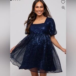 Navy Blue Sequin Pearl Embellished Square Neck Babydoll Maternity Dress